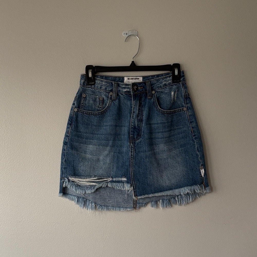 One X One Teaspoon for Free People Salty Sailor Denim Mini Skirt Raw Hem